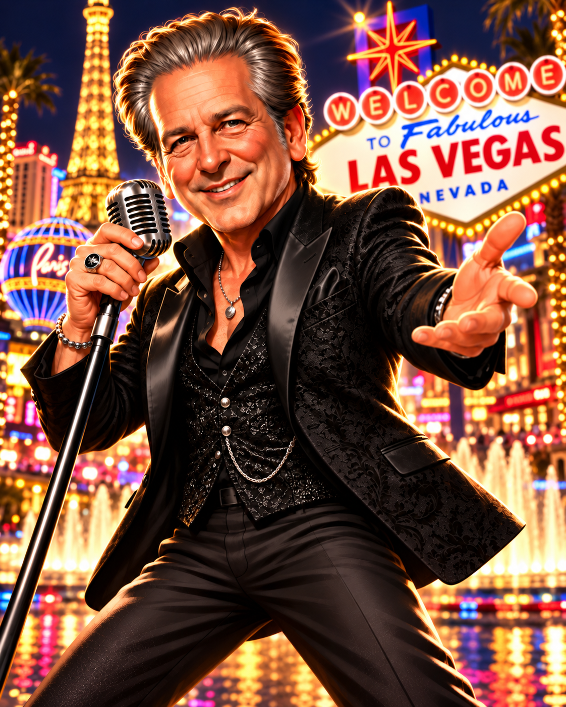 Craig Michael Canter in an all-black stage outfit, holding a vintage microphone against the illuminated Las Vegas Strip